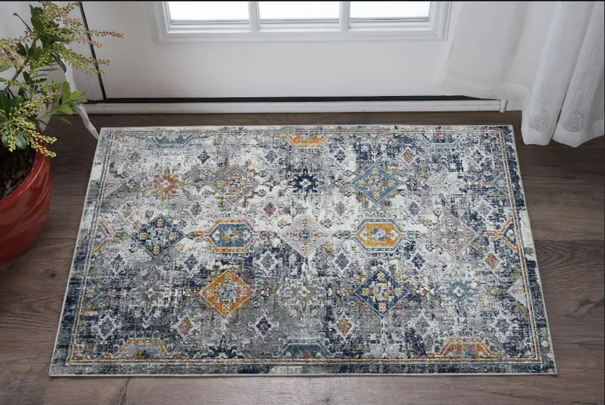 3' X 5' Blue and Orange Geometric Power Loom Area Rug Photo 1