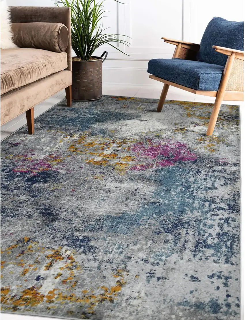 Blue Gray And Purple Abstract Distressed Area Rug Photo 9