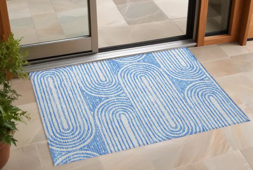 3' X 4' Blue and White Abstract Washable Non Skid Indoor Outdoor Area Rug Photo 1