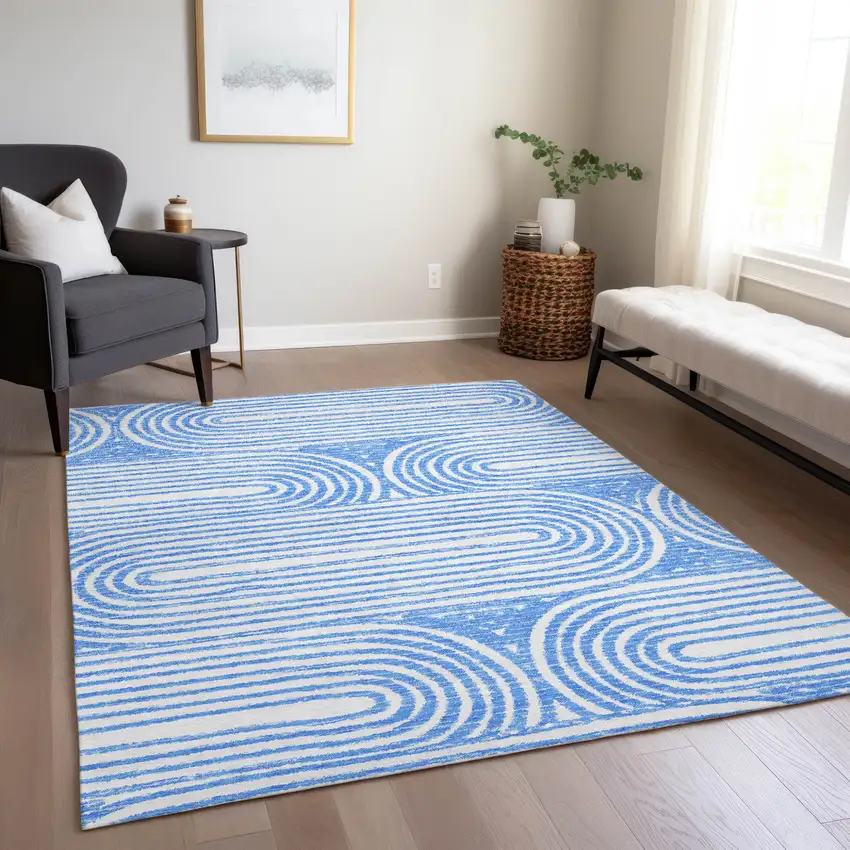 Blue and White Abstract Washable Non Skid Indoor Outdoor Area Rug Photo 9