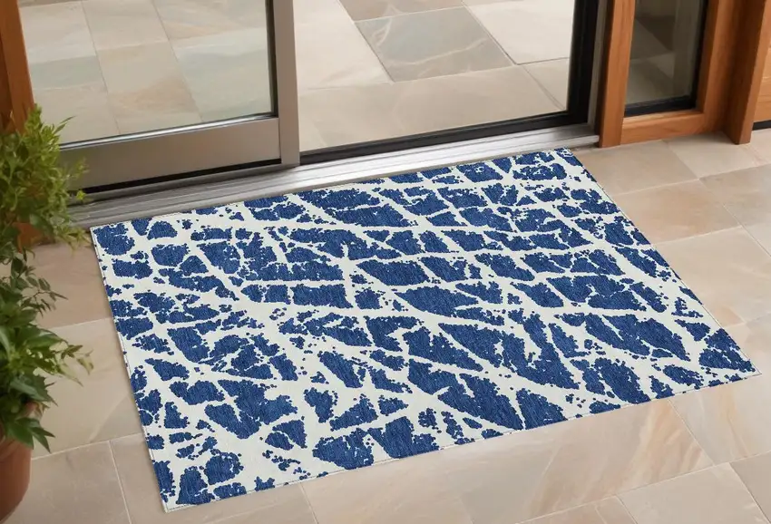 Blue and White Abstract Washable Non Skid Indoor Outdoor Area Rug Photo 1