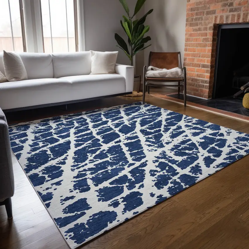 Blue And White Abstract Washable Indoor Outdoor Area Rug Photo 9