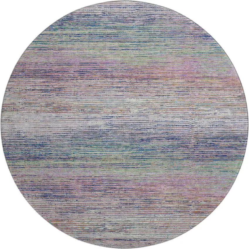 8' X 8' Blush Blue And Ivory Striped Washable Round Rug With UV Protection Photo 1