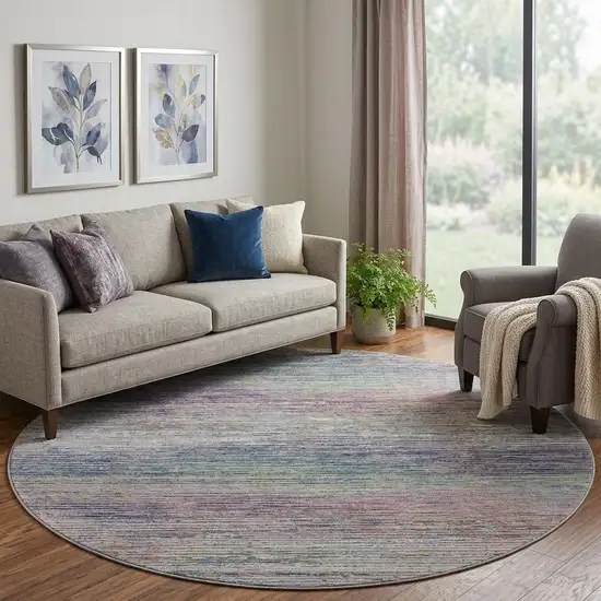 8' X 8' Blush Blue And Ivory Striped Washable Round Rug With UV Protection Photo 1