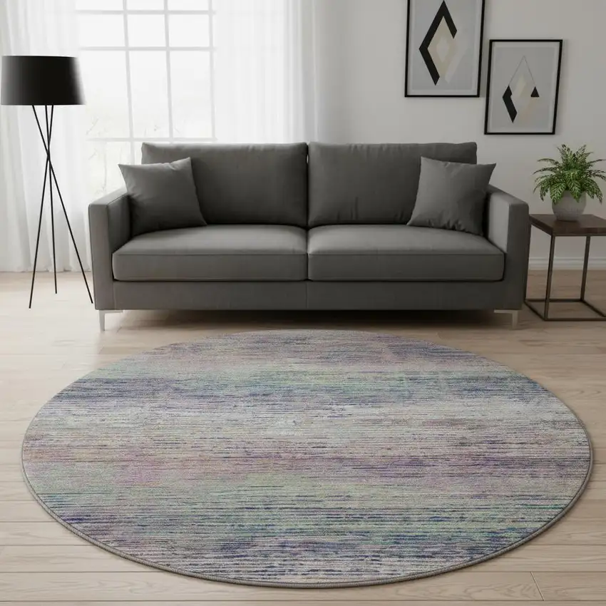 8' X 8' Blush Blue And Ivory Striped Washable Round Rug With UV Protection Photo 2