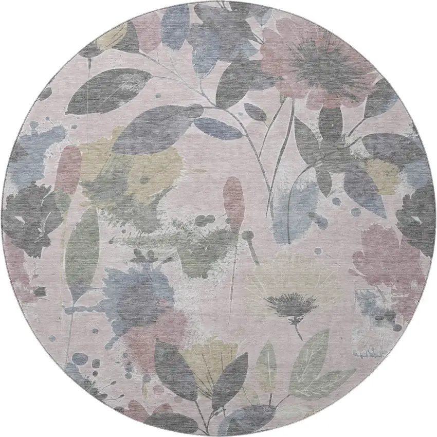 8' X 8' Blush Mauve And Gray Floral Washable Round Rug With UV Protection Photo 3