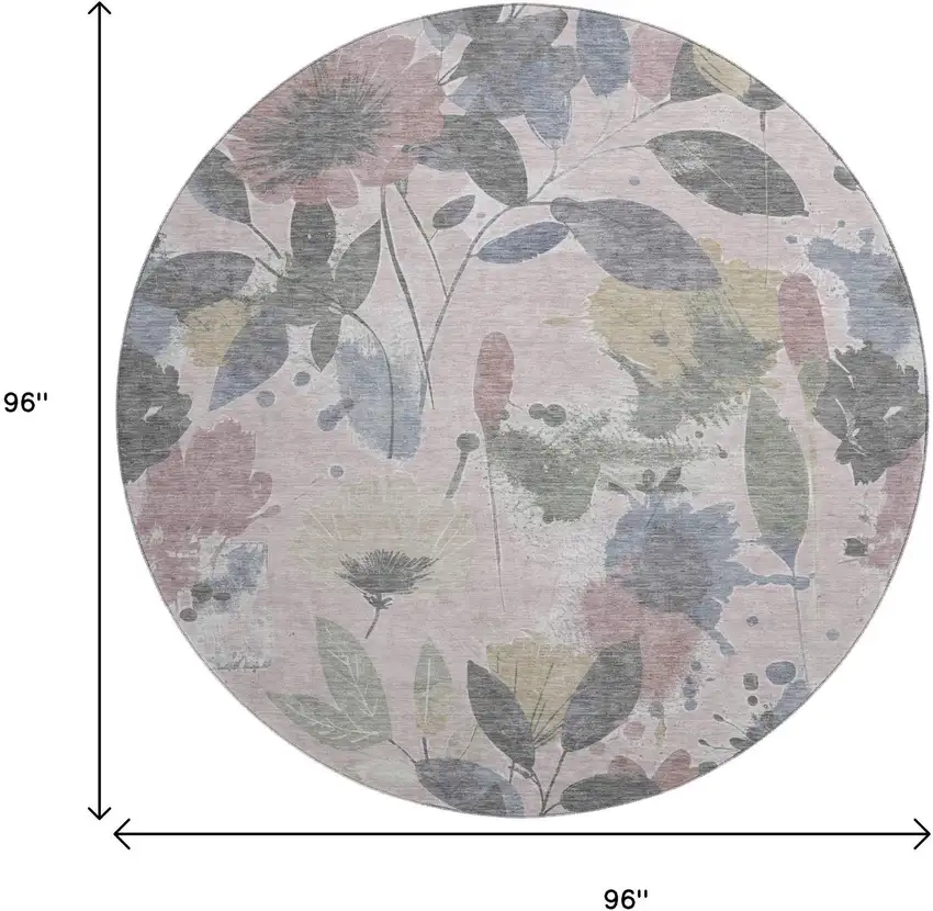 8' X 8' Blush Mauve And Gray Floral Washable Round Rug With UV Protection Photo 9
