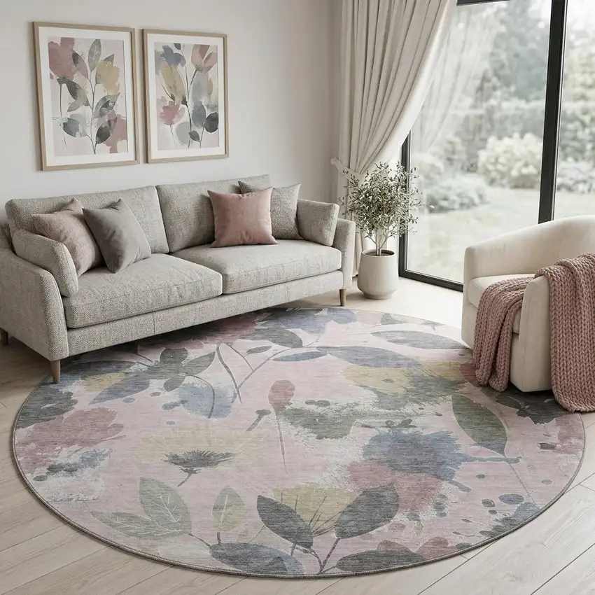 8' X 8' Blush Mauve And Gray Floral Washable Round Rug With UV Protection Photo 1