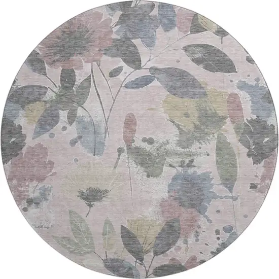 8' X 8' Blush Mauve And Gray Floral Washable Round Rug With UV Protection Photo 1