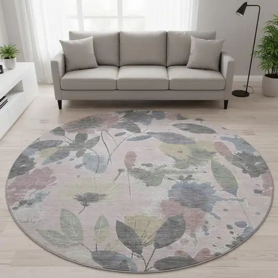 8' X 8' Blush Mauve And Gray Floral Washable Round Rug With UV Protection Photo 2