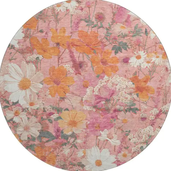 8' X 8' Blush Orange And Ivory Floral Washable Round Rug With UV Protection Photo 3