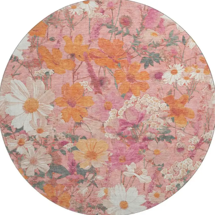 8' X 8' Blush Orange And Ivory Floral Washable Round Rug With UV Protection Photo 3