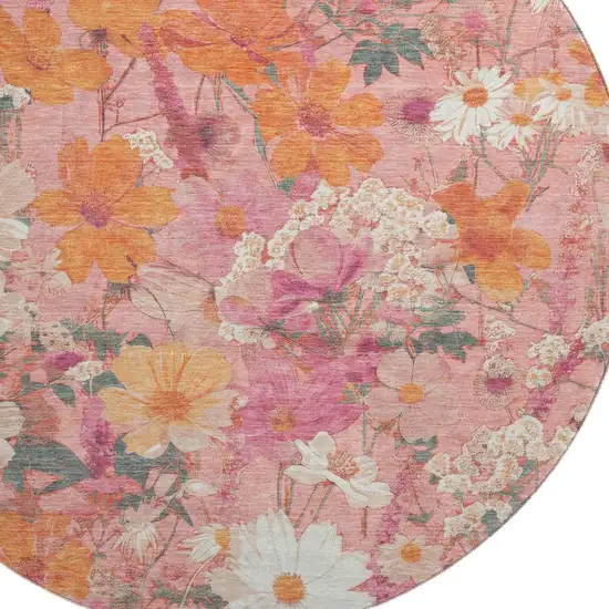 8' X 8' Blush Orange And Ivory Floral Washable Round Rug With UV Protection Photo 2