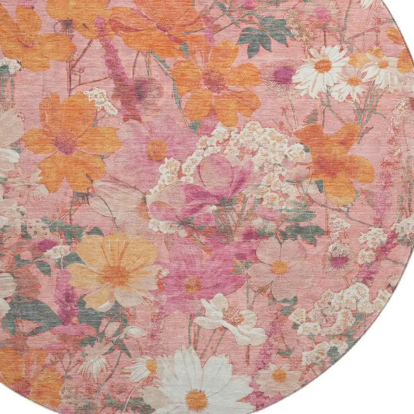 8' X 8' Blush Orange And Ivory Floral Washable Round Rug With UV Protection Photo 2