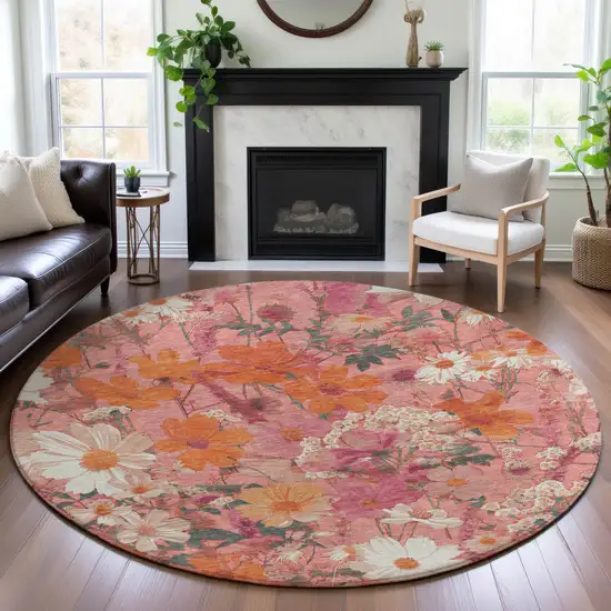 8' X 8' Blush Orange And Ivory Floral Washable Round Rug With UV Protection Photo 4