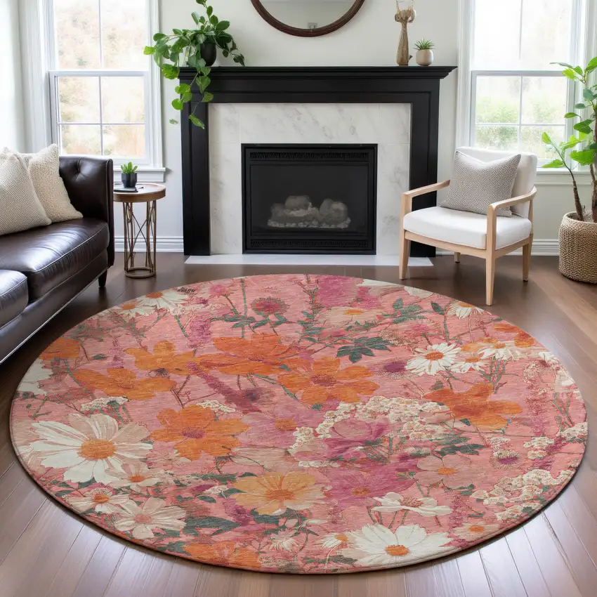 8' X 8' Blush Orange And Ivory Floral Washable Round Rug With UV Protection Photo 4