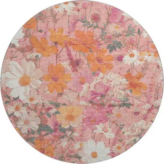 8' X 8' Blush Orange And Ivory Floral Washable Round Rug With UV Protection Photo 1