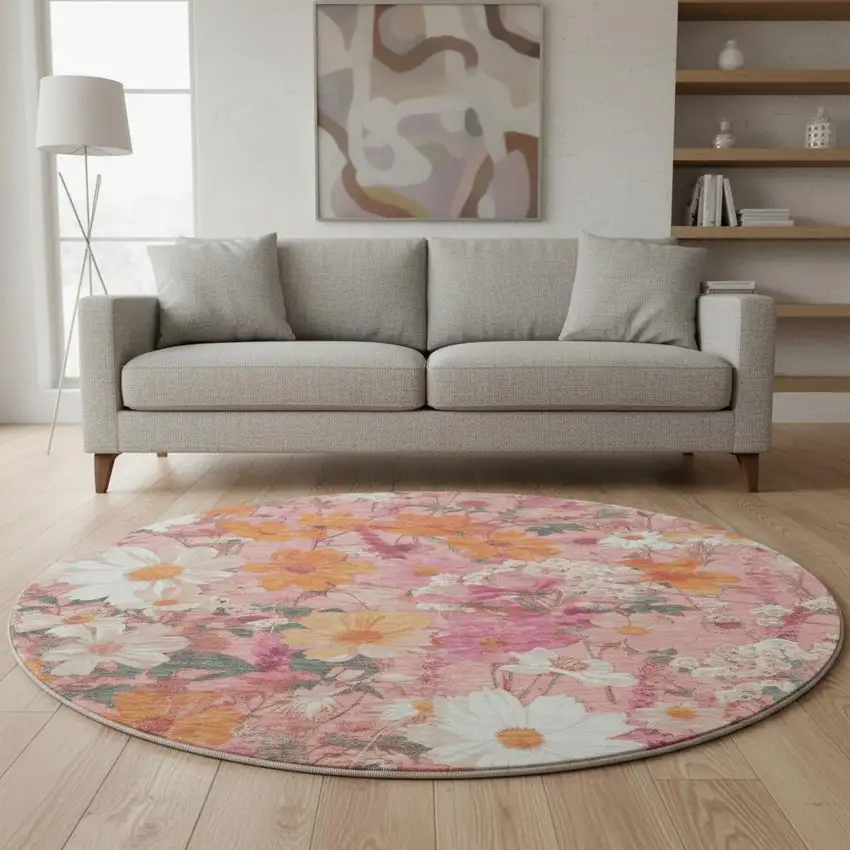 8' X 8' Blush Orange And Ivory Floral Washable Round Rug With UV Protection Photo 2