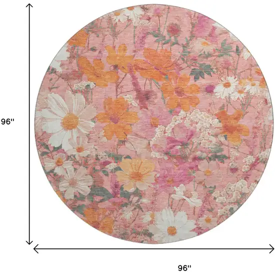8' X 8' Blush Orange And Ivory Floral Washable Round Rug With UV Protection Photo 9