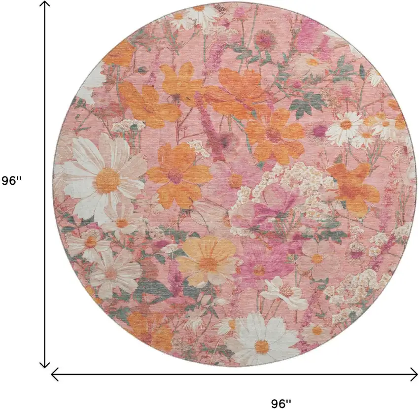8' X 8' Blush Orange And Ivory Floral Washable Round Rug With UV Protection Photo 9