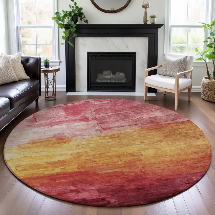 8' X 8' Blush Orange And Pink Striped Washable Round Rug With UV Protection Photo 4