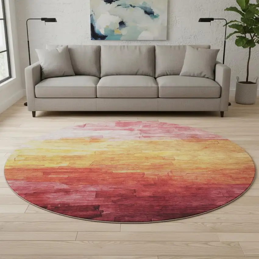 8' X 8' Blush Orange And Pink Striped Washable Round Rug With UV Protection Photo 2