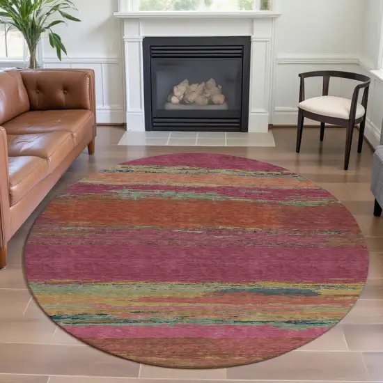8' X 8' Blush Orange And Teal Abstract Washable Round Rug With UV Protection Photo 3