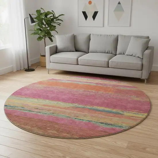 8' X 8' Blush Orange And Teal Abstract Washable Round Rug With UV Protection Photo 2