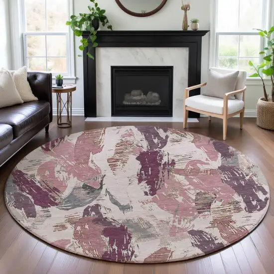 8' X 8' Blush Purple And Ivory Abstract Washable Round Rug With UV Protection Photo 4