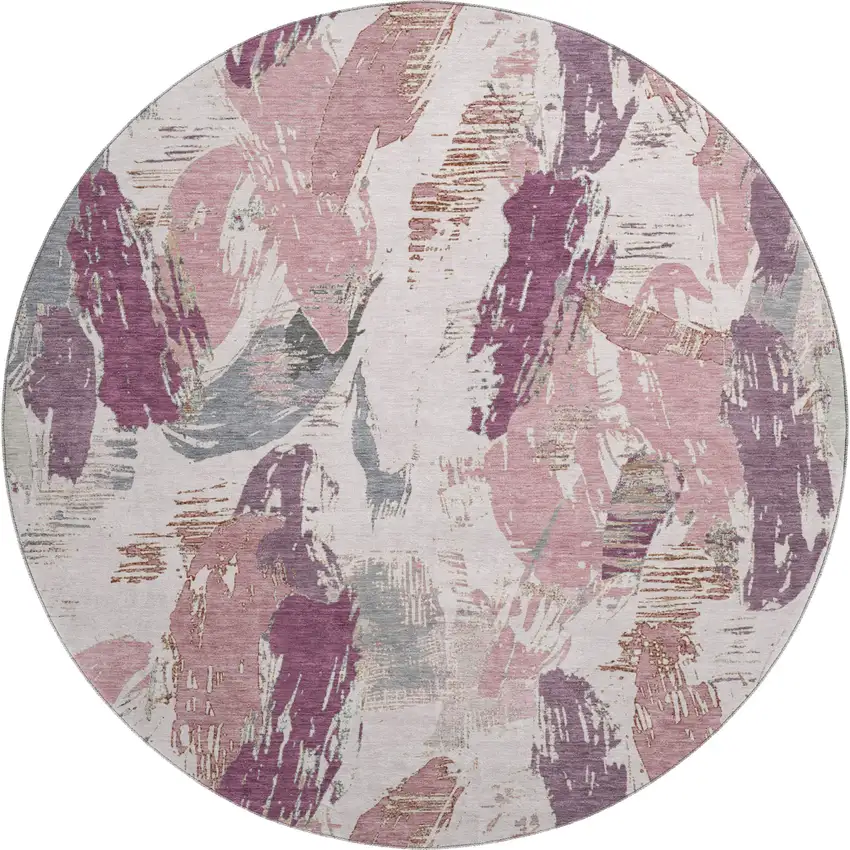 8' X 8' Blush Purple And Ivory Abstract Washable Round Rug With UV Protection Photo 1