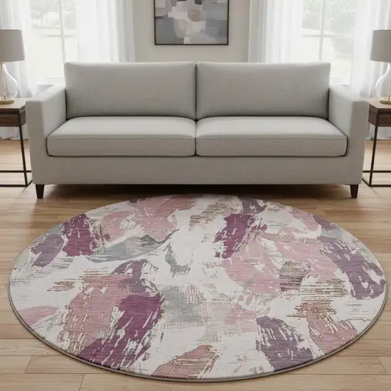 8' X 8' Blush Purple And Ivory Abstract Washable Round Rug With UV Protection Photo 2