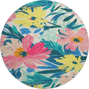 Photo of 8' X 8' Blush Yellow And Blue Floral Washable Round Rug With UV Protection