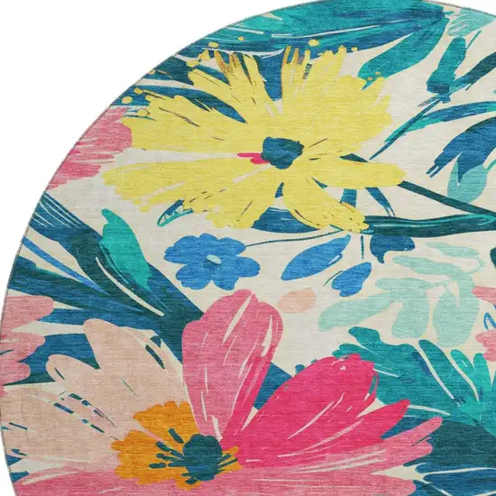 8' X 8' Blush Yellow And Blue Floral Washable Round Rug With UV Protection Photo 2
