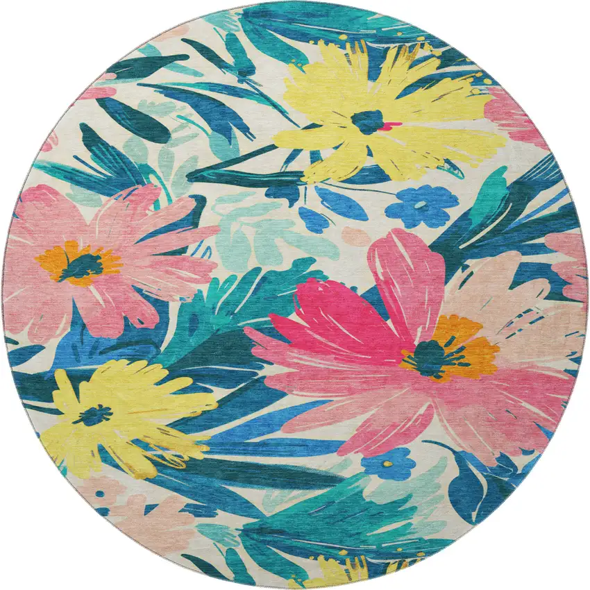 8' X 8' Blush Yellow And Blue Floral Washable Round Rug With UV Protection Photo 3