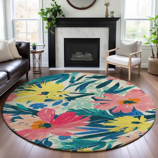 8' X 8' Blush Yellow And Blue Floral Washable Round Rug With UV Protection Photo 4