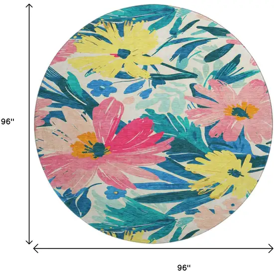 8' X 8' Blush Yellow And Blue Floral Washable Round Rug With UV Protection Photo 9
