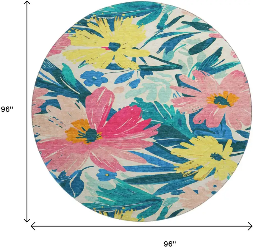 8' X 8' Blush Yellow And Blue Floral Washable Round Rug With UV Protection Photo 9