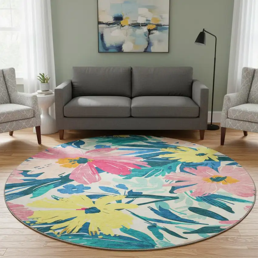 8' X 8' Blush Yellow And Blue Floral Washable Round Rug With UV Protection Photo 2