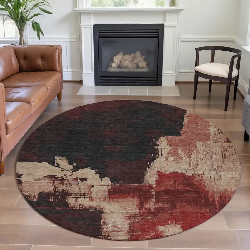 8' X 8' Brick Red Mauve And Beige Abstract Washable Round Rug With UV Protection Photo 4