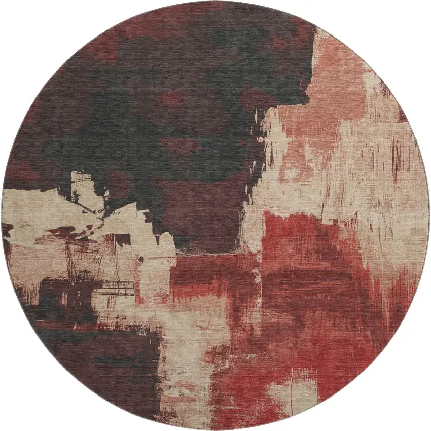 8' X 8' Brick Red Mauve And Beige Abstract Washable Round Rug With UV Protection Photo 1