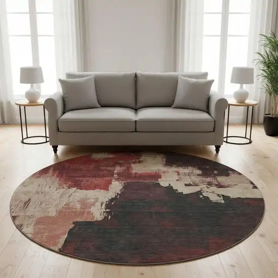 8' X 8' Brick Red Mauve And Beige Abstract Washable Round Rug With UV Protection Photo 2