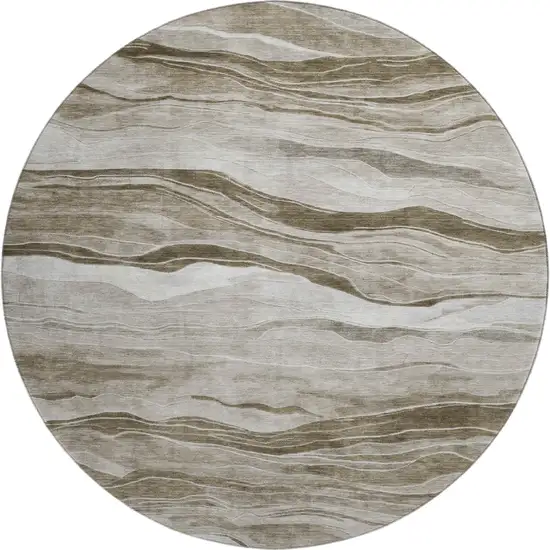 8' X 8' Brown And Beige Striped Washable Round Rug With UV Protection Photo 1