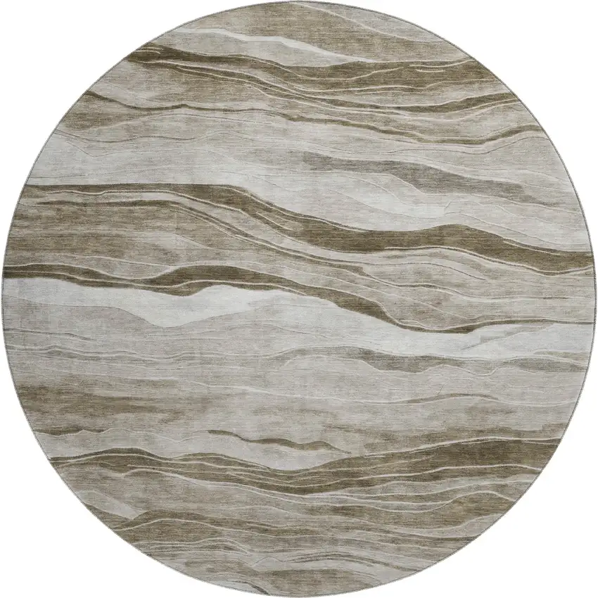 8' X 8' Brown And Beige Striped Washable Round Rug With UV Protection Photo 1