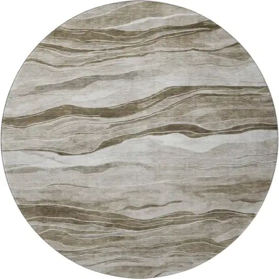 8' X 8' Brown And Beige Striped Washable Round Rug With UV Protection Photo 3