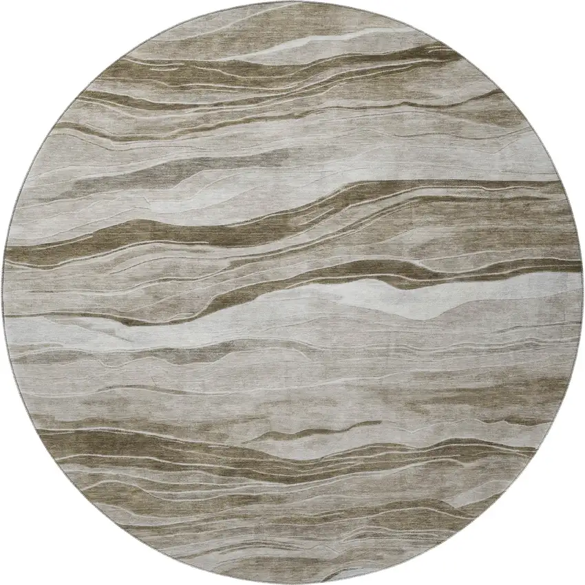 8' X 8' Brown And Beige Striped Washable Round Rug With UV Protection Photo 3