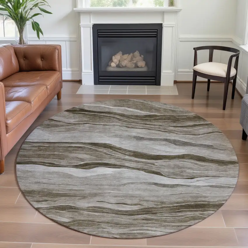 8' X 8' Brown And Beige Striped Washable Round Rug With UV Protection Photo 4