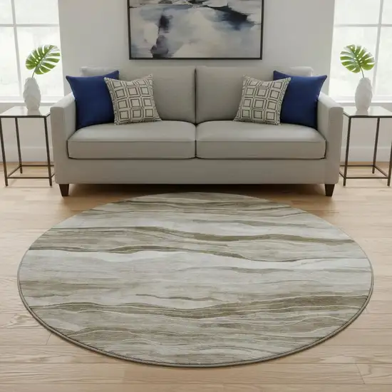 8' X 8' Brown And Beige Striped Washable Round Rug With UV Protection Photo 2