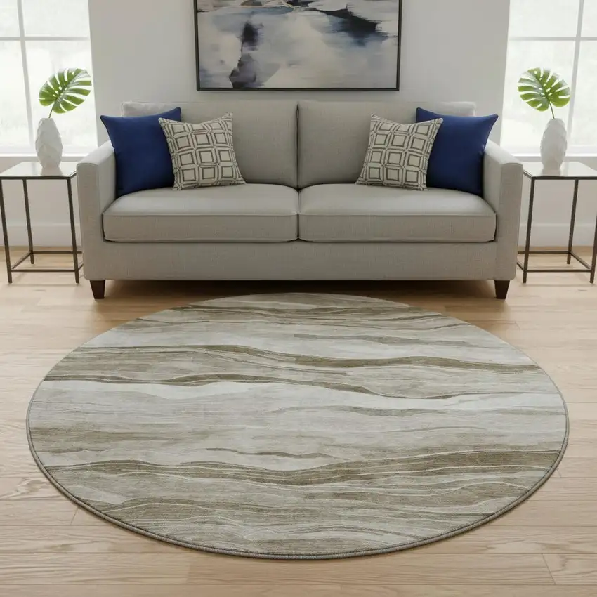 8' X 8' Brown And Beige Striped Washable Round Rug With UV Protection Photo 2