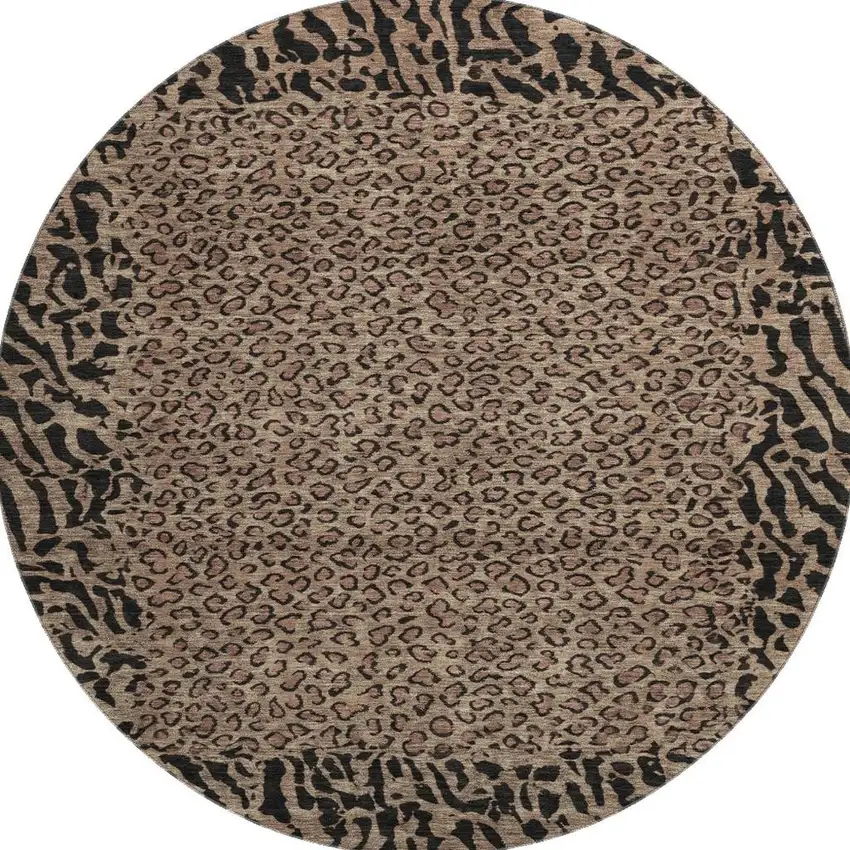 8' X 8' Brown And Black Animal Print Washable Round Rug With UV Protection Photo 2