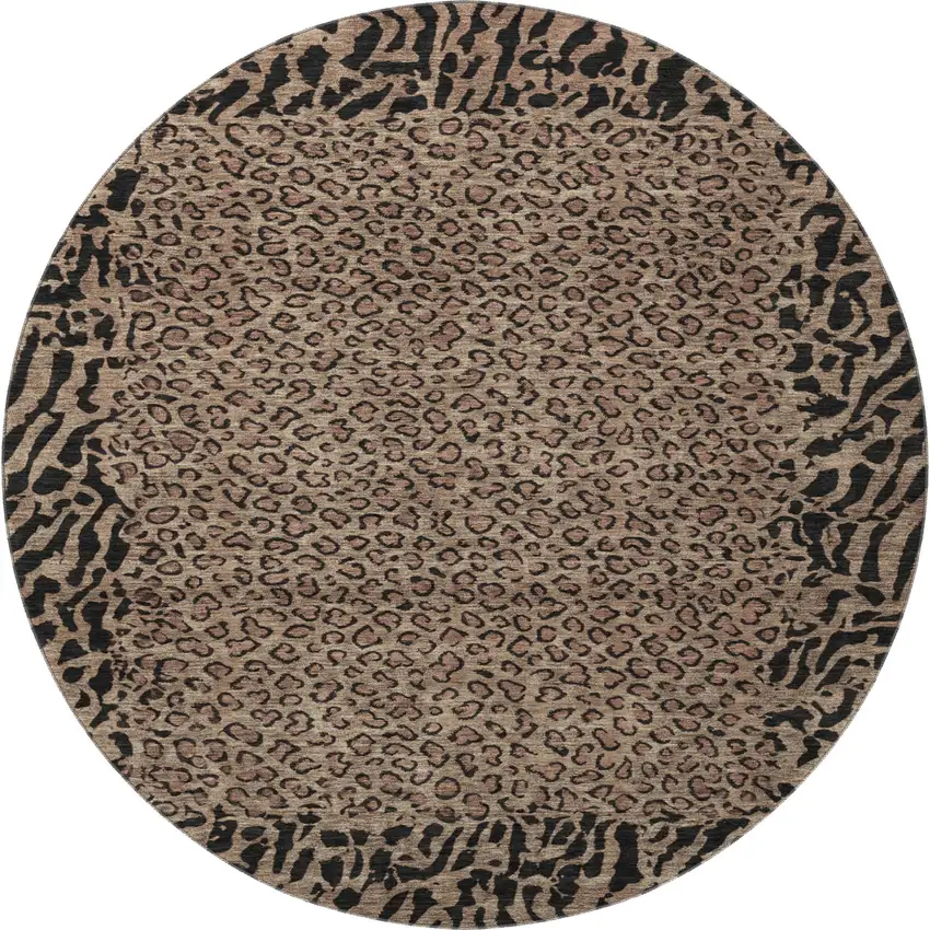 8' X 8' Brown And Black Animal Print Washable Round Rug With UV Protection Photo 3